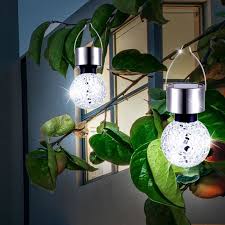 Set Of 2 Led Hanging Solar Lamps Silver