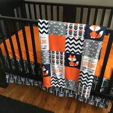 Baby Boy Crib Bedding Set In Navy Orange And Gray With Modern Woodland Fox Theme Be Brave Little One Arrows And Chevron