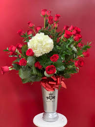 elegant tall glass vase with 24 roses