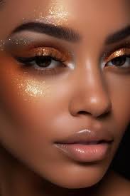 a woman with a gold glitter eye makeup