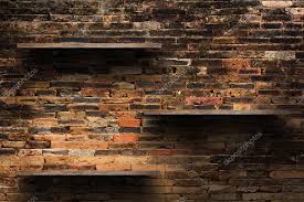 Empty Wood Shelves On Old Brick Wall