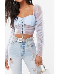 Great Sales On Forever 21 Sheer Ruched Lace Up Crop Top Light Blue