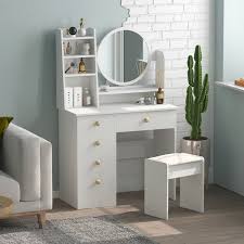 Check spelling or type a new query. Kerrogee Dressing Table Set With Stool Makeup Desk Vanity With Round Mirror Bedroom Wood Dressing Table With Storage Shelves And 5 Drawers White Walmart Com Walmart Com
