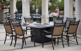 Patio Furniture Dining Set Cast Aluminum Sling Chairs 64 Square Propane Fire Pit Table 9pc Mountain View