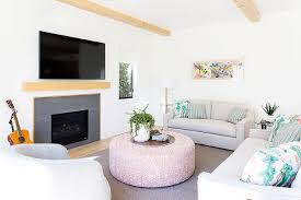 Stone Gray Sofa With Round Pink Ottoman