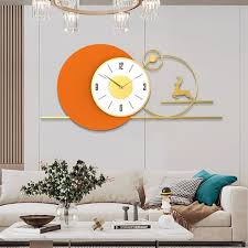 Orange Large Round Metal Wall Clock