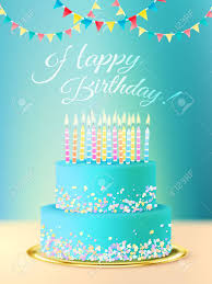 Happy Birthday Postcard With Layered Round Cake With Blue Icing