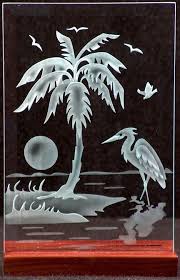 Carved Glass Heron And Palm Tree In