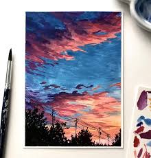 ɡwaʃ), body color, or opaque watercolor, is one type of watermedia, paint consisting of natural pigment, water, a binding agent (usually gum arabic or dextrin). Original Watercolor And Gouache Painting Handmade Sunset Painting Landscape Gouache Art Painting Art Projects Sunset Painting