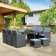 Outsunny 11 Piece Outdoor Pe Rattan Wicker Table And Chair Patio Furniture Set Gray