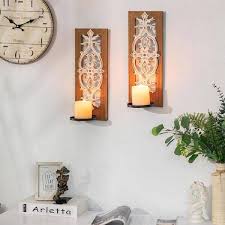 Rustic Wood Candle Sconces Wall Decor Farmhouse Wall Candle Holder Decorative Carved Brown Candle Sconce Set Of 2