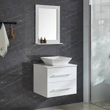 Browse our elevated, floor and wall vanities to find the ideal model that will transform your bathroom into a functional and dreamy space. Garrido Bros Co Alicia 24 In 4 Piece Pvc Floating Vanity Set With Ceramic Vessel Vanity Base Mirror And Wall Cabinet White Sm 89w The Home Depot