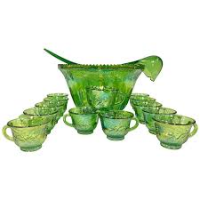 Mid Century Green Cut Glass Punch Bowl