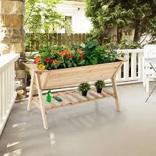 Raised Wood Garden Bed With Shelf And