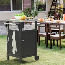 Zeus Ruta Outdoor Steel Grilling Carts With Storage For Bbq Patio Cabinet With Wheels Hooks And Side Shelf Black