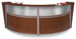 Their reception desk can be used either as a free standing desk or as the main component or shell of a work station. Receptionist Desk Curving Cherry Finish W Silver Trim