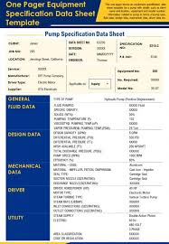 one pager equipment specification data