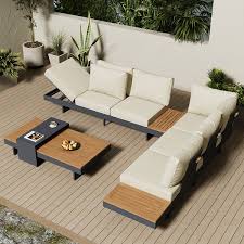 Homary 4 Pieces Beige L Shape Teak Wood Outdoor Sectional Sofa Set With Coffee Table Modern Patio Conversation Sets