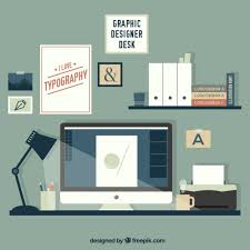 We have a a big desk and large windows with a view over a big meadow across our street, which creates a lot of light in the office. Free Vector Lovely Graphic Designer Desk