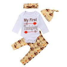 4pcs My First Thanksgiving Outfit Infant Baby Boys Girls Long Sleeve Romper Top Pants Hat Headband Clothes Set