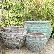 Ribbed Oceanstone Glazed Garden Pots