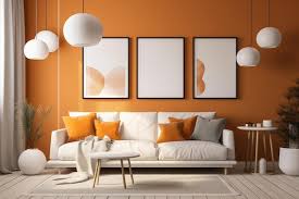 orange walls and a white couch