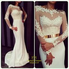 Prom dresses long with sleeves. White Mermaid Long Sleeve Lace Chiffon Wedding Dress With Illusion Top Vampal Dresses