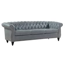 84 In W Rolled Arm Chesterfield Polyester 3 Seater Straight Sofa With Removable Cushion In Gray
