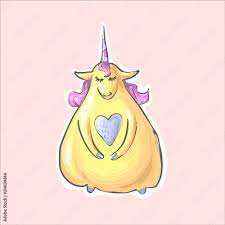 The magic yellow shy cute funny fat unicorn with heart . Alikorn. Pegasus.  Children s character. Sticker fashion patch badge Stock Vector 