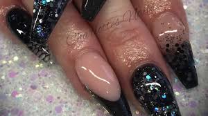 acrylic nails black sparkle design