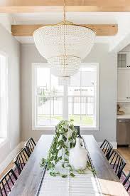 wood ceiling beams over dining table