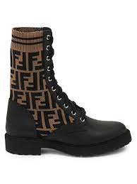 Sock leg with ff motif and sports stripes on the edge. Fendi Rockoko Knit Leather Combat Boots Saksfifthavenue
