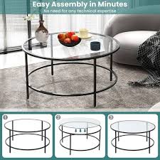35 5 Inch Round Coffee Table With Tempered Glass Tabletop Black
