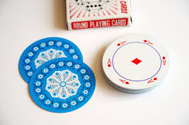 This is a good idea for a custom gift that you can give to friends or family. Vintage 1970s Round Playing Cards Blue Tulip Pattern Card Etsy Card Patterns Blue Tulips Craft Projects
