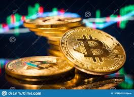Bitcoin Gold Coins On A Market Chart Background Stock Photo
