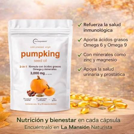 ✨ Pumpkin Seed Oil – bienestar desde la naturaleza ✨ Cuida tu cuerpo de forma natural con nuestro aceite de semilla de calabaza 🧡 Una fórmula 2 en 1 rica en ácidos