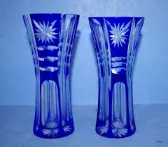 Two Bohemian Blue Flash Cut Glass Vases