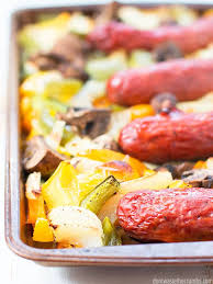 14 oz polska kielbasa or smoked sausage, cut into chunks 2 medium yellow onions, cut into eighths 2 medium sweet bell peppers, sliced into thick strips 8 oz white or baby bella mushrooms, halved 1. Easy Sheet Pan Italian Sausage Peppers Onions Recipe
