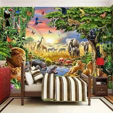 Majvillan wallpaper in sweet cotton soft blue. 3d Jungle Safari Lion Elephant Wall Mural Wallpaper Kids Bedroom Nursery School Ebay