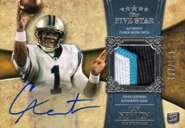 The card features a horizontal layout with cam off to the right side, ball in hand, and ready to wreak havoc. Top Cam Newton Rookie Cards Gallery Guide