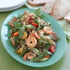 Super fresh cucumber noodle prawn and mango salad which is also gluten free. Prawn Salad With Cherry Tomatoes And Rocket Healthy Food Guide Healthy Recipes Healthy Prawn Recipes