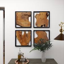 Set Of 4 Brown Teak Wood Rustic Abstract Wall Decor In Brown Black 18 X 18 Wood Fiber By Homethreads