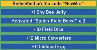 The latest tweets from @beeswarmleaks Bee Swarm Leaks On Twitter New Code Newmic Gives Shy Bee Jelly X1 Spider Field Boost X3 Field Dice X10 Micro Converters X10 Diamond Egg X1 Bee Swarm