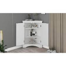 Urtr Classic White Wood Storage Cabinet Vintage Triangle Corner Floor Cabinet With Shelf And Doors For Bathroom Living Room