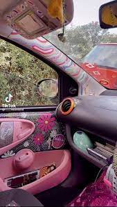 car. decor. decoration. vehicle. pink. design. designed. colourful.  patterned. doodles. drawing. flowers. hippie. arty. … | Car interior diy, Inside  car, Hippie car