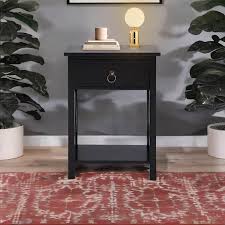 Homestock 12 In Black Rectangle Wood End Table With Drawer And Shelf Solid Narrow Side Table For Bedrooms Ideal For Small Spaces