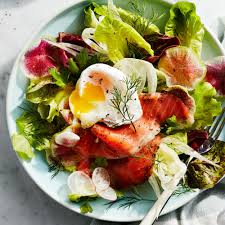 Then arrange the slices of cucumber followed by sliced salmon as desired on top of the bed of lettuce. Breakfast Salad With Smoked Salmon Poached Eggs Recipe Eatingwell
