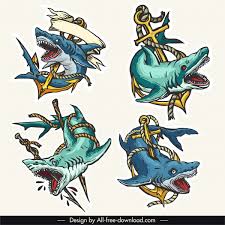 shark tattoo icons colorful dynamic
