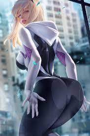 Gwen Stacy, blonde, looking at viewer, blue eyes, parted lips, ass on  glass, ass, fantasy girl, OlchaS, Spider Gwen, Spider-Man, Marvel Comics,  headband, tight clothing, costumes, behind the glass, portrait display,  behind,
