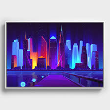 Synthwave Neon City 7 Framed Canvas By